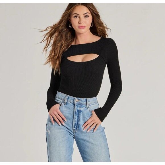 Windsor Casual Vibes Ribbed Knit Cutout Bodysuit Solid Black Long Sleeve Large - Picture 3 of 8